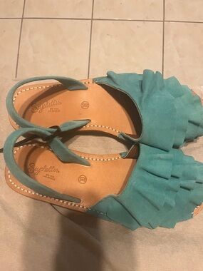 Seychelles Teal Ruffle Slingback Sandals
